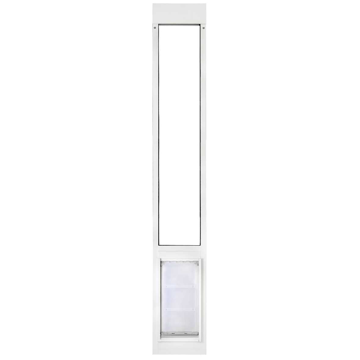 White framed sliding glass door insert with pet door.