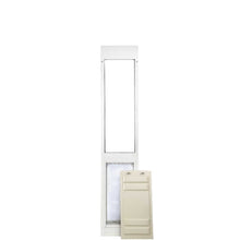 A white sliding glass door pet door insert with a closed flap.