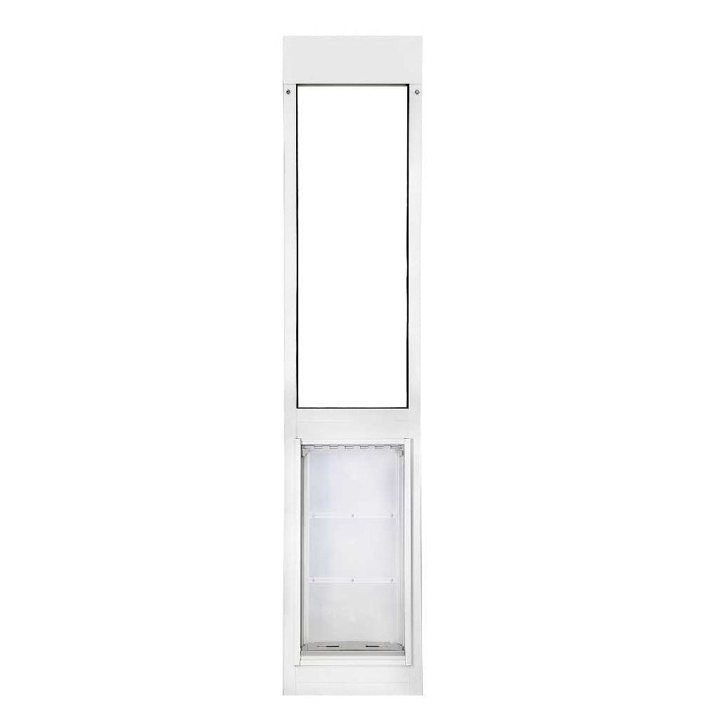 White sliding glass door insert with a pet door.