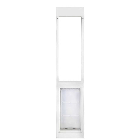 White sliding glass door insert with a pet door.