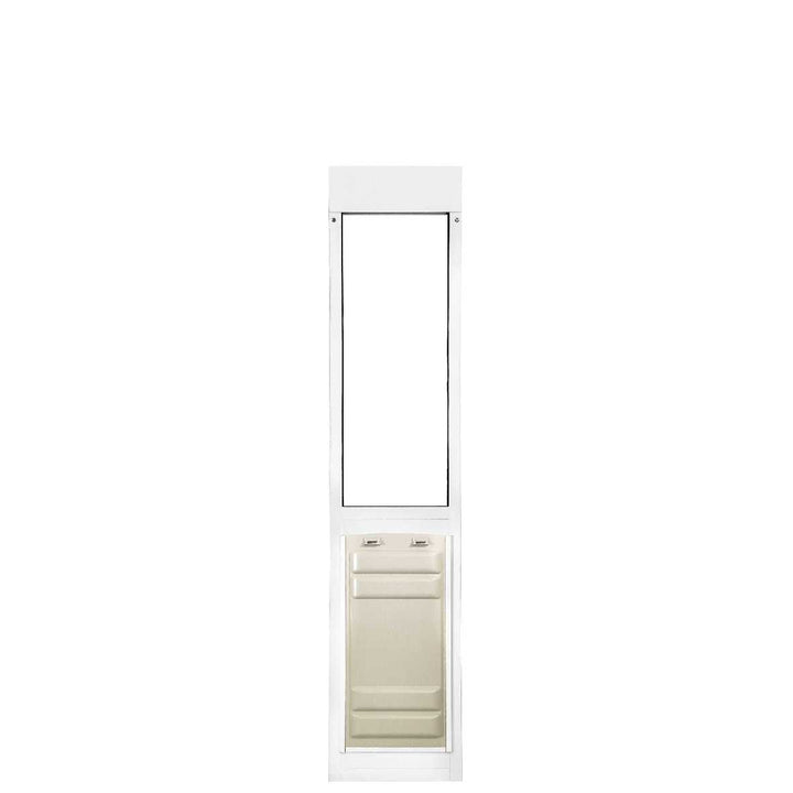 White sliding glass door insert with a pet door at the bottom.
