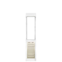 A white sliding glass door insert with a pet door.