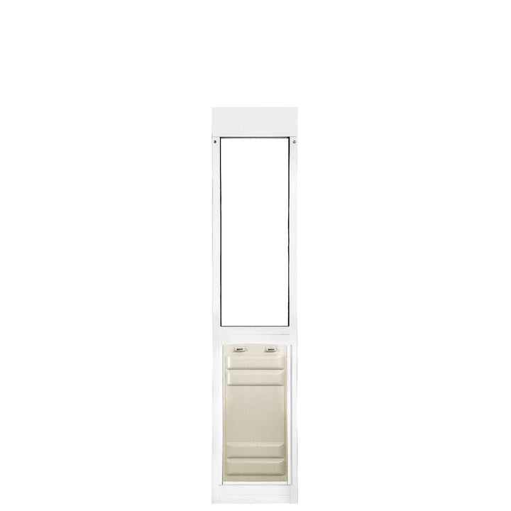 A white sliding glass door insert with a pet door.