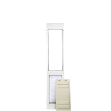 A white sliding glass door insert with a pet door and removable panel.