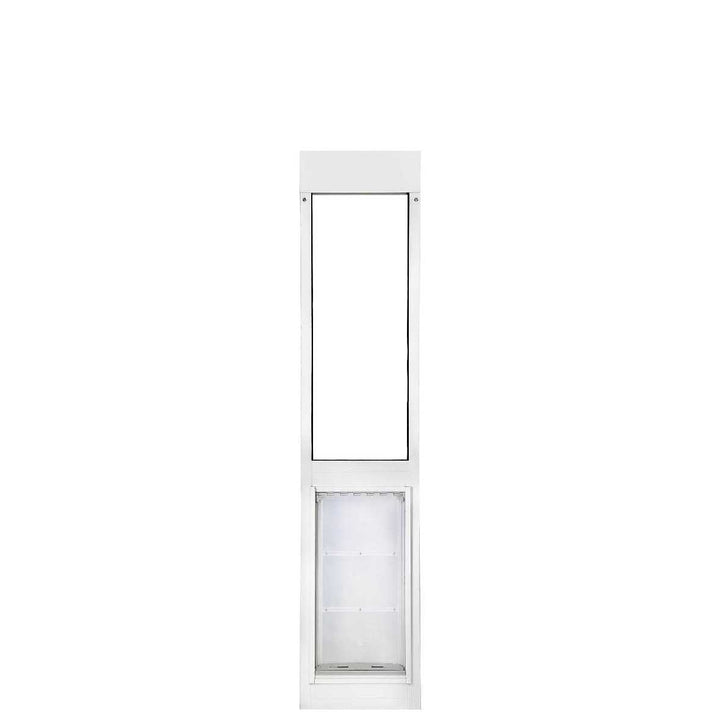 A white window unit with a top portion containing an open slot and a bottom portion with shelves behind a translucent glass.