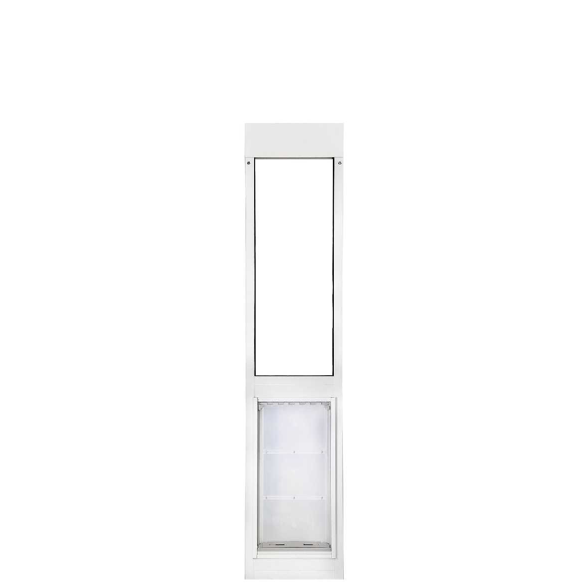 A white framed sliding glass door insert with a pet door is centered on a white background.