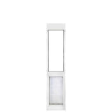 A white framed sliding glass door insert with a pet door is centered on a white background.