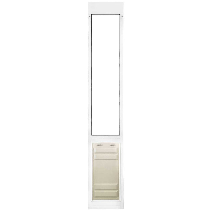 White pet door insert for a sliding glass door.