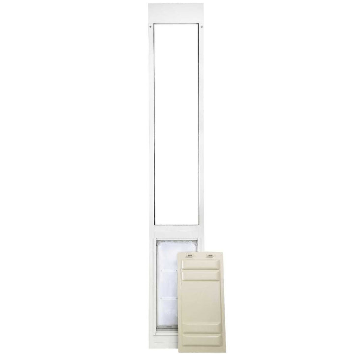 A white sliding glass door insert with a pet door and removable panel.