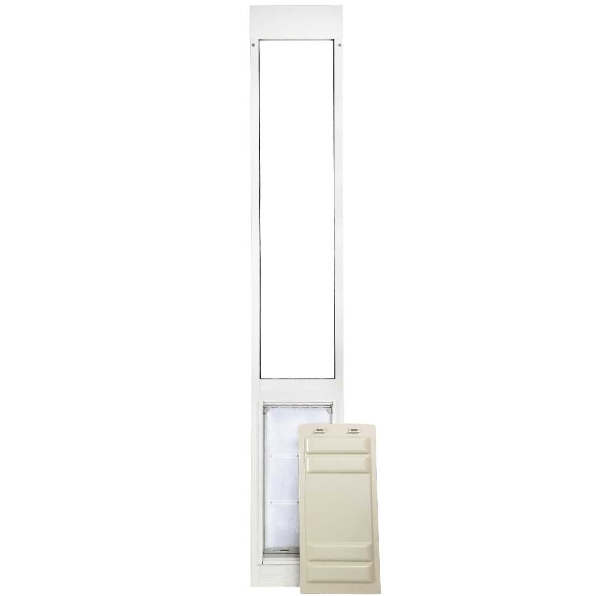 A white dog door frame with a removable panel.