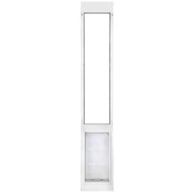 A white dog door insert for sliding glass doors.