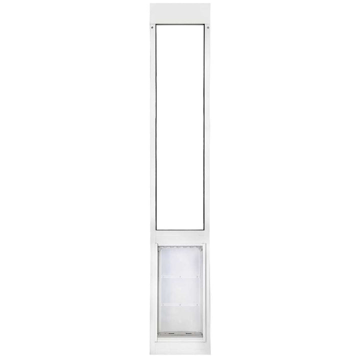 A white dog door insert for sliding glass doors.