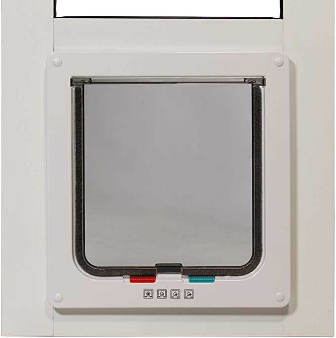 A white-framed pet door is installed in a white door.