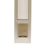 A pet door insert with a clear flap in a sliding glass door frame.