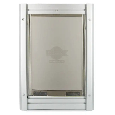 A pet door with an aluminum frame and a transparent flap.