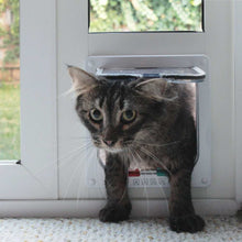 A tabby cat is going through a white pet door.