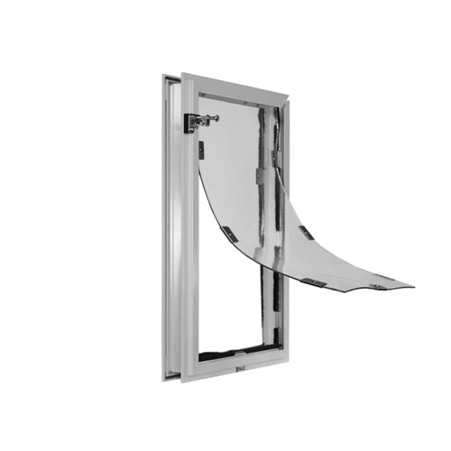 A pet door with a flexible flap.