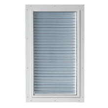 White framed vent with horizontal metal slats.