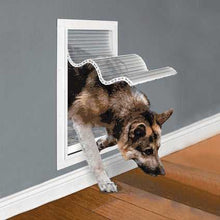 A German Shepherd is going through a dog door in a wall.