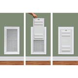 Three images show the before, during, and after of a person covering a wall vent with a plastic cover.