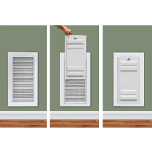 Three images show the before, during, and after of a person covering a wall vent with a plastic cover.