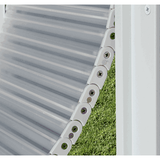 Close-up of a white corrugated panel with a hinged, bolted connector.