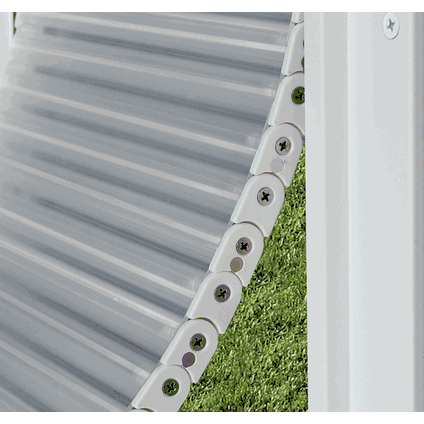 Close-up of a white corrugated panel with a hinged, bolted connector.