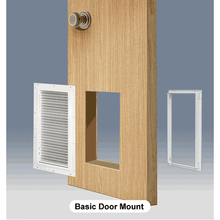 A door with a square opening showing the components of a pet door installation.