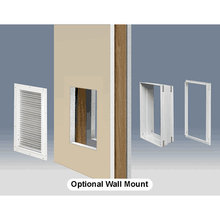 The image depicts a wall with a rectangular opening, a louvered grill, and two frame pieces, along with the words 