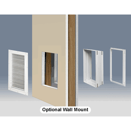 An image showing a wall with a rectangular opening, a louvered vent, and mounting hardware labeled "Optional Wall Mount".