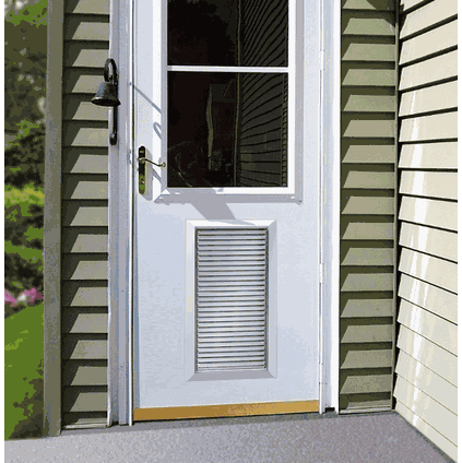 White door with a window, vent, and brass hardware, set against siding.