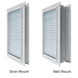 Two white framed louvers, labeled "Door Mount" and "Wall Mount", are displayed.
