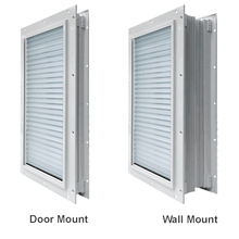 Two grey louvered vents, labeled 