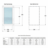 Diagram showing the dimensions of an Armor Flex pet door and the corresponding door/wall cutout dimensions, with a table providing exact measurements for small, medium, large, and extra-large sizes.