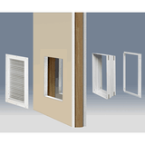 Illustration of a wall with a cut-out, vent, and white frame components.