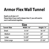 Text showing the dimensions of Armor Flex Wall Tunnels in small, medium, large, and extra large sizes.