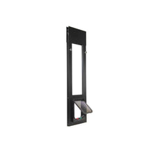 A black sliding glass door insert with a pet door is shown on a white background.