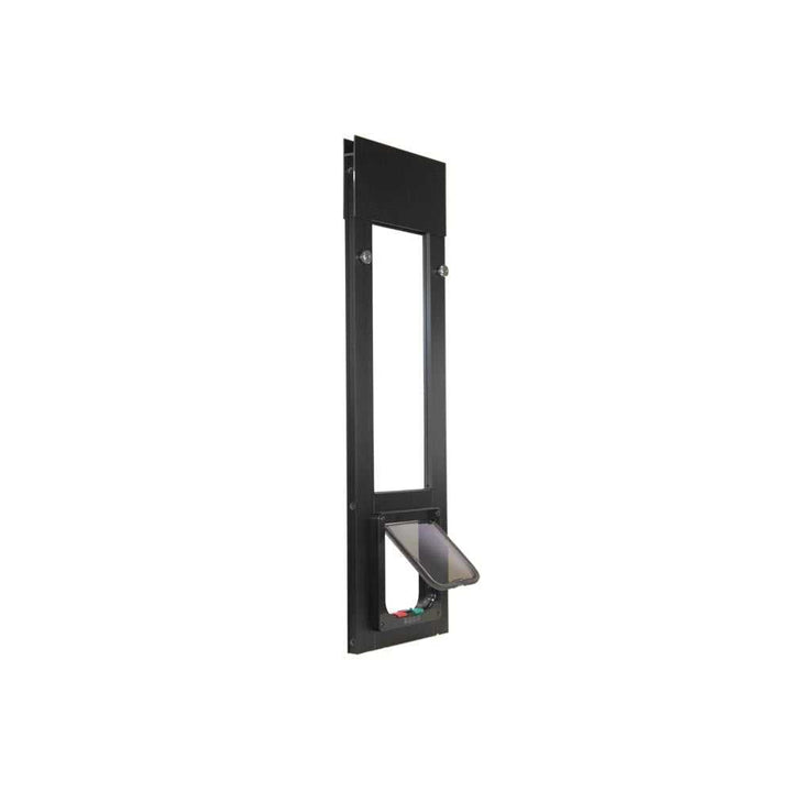 A black sliding glass door insert with a pet door is shown on a white background.