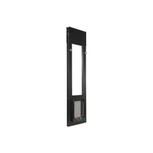 A black pet door insert for sliding glass doors.