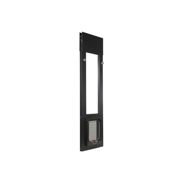 A black pet door insert for sliding glass doors.