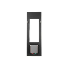 A black pet door insert for sliding glass doors.