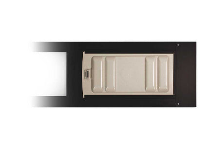 A black frame surrounds a rectangular container with ridges and a handle.