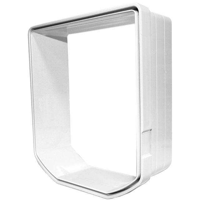A white plastic pet door frame is displayed.
