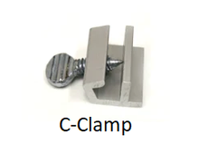 Close-up of a silver C-clamp with a thumbscrew.