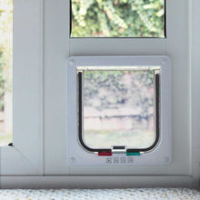 A white cat flap installed in a door.
