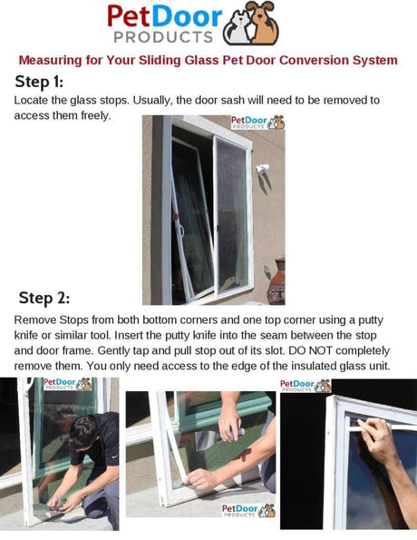 The image shows instructions for removing glass stops on a sliding glass door.
