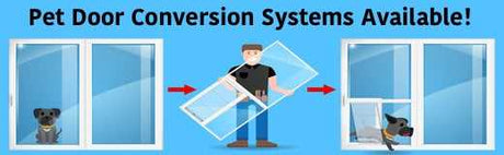 Pet door conversion system advertisement showing window with a dog, a man holding the window pane, and the converted window with pet door and dog.