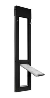 Black-framed pet door with a partially open flap._Color_Black