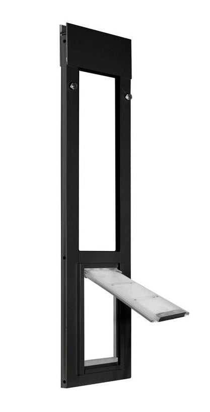 Black-framed pet door with a partially open flap._Color_Black