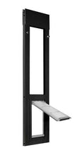 Black-framed pet door with a partially open flap.